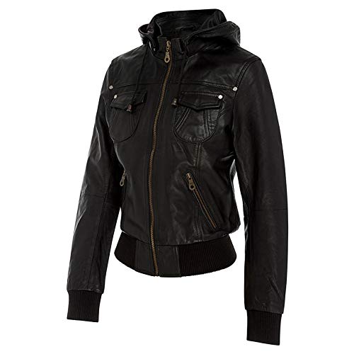 Women's Genuine Leather Bomber Biker Jacket With Hood3