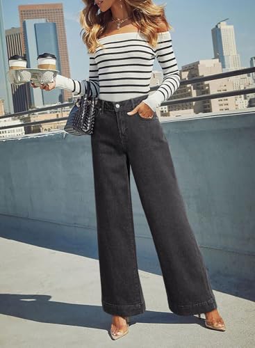 Image of Dokotoo Women's Casual High Waisted Jeans Stretch Wide Leg Loose Denim Pant