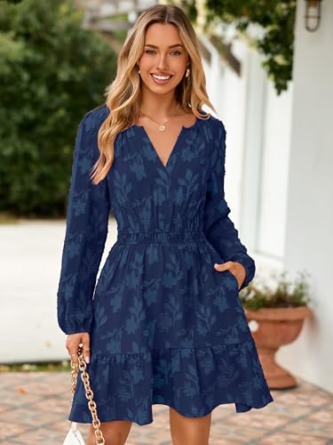 Image of BerryGo Womens Long Sleeve Mini Dress Casual A Line Flowy Loose Vacation Party Babydoll Fall Short Dresses with Pocket