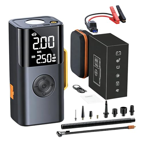 Arrancador de batería con compresor de aire – Cargador de arranque eléctrico 10000mAh para vehículos – Inflador de neumáticos bomba de aire inalámbrica – para viaje por carretera camping viajes coches