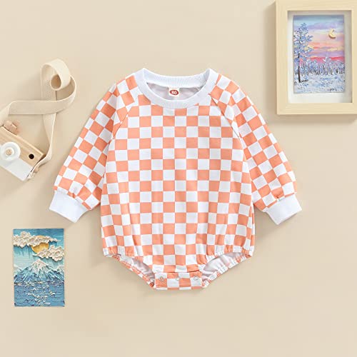 Thilsidee Newborn Boy Girl Checkerboard Plaid Bodysuit One Piece Romper Outfit Long Sleeve Jumpsuit Fall Winter Clothes 0-24M(D-Orange Pink,12-18 Months) #TOP1