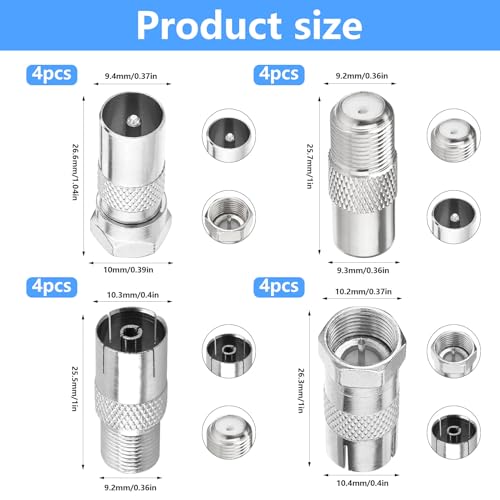 16 Pcs F Type to Coax Adapter, TV Aerial Coaxial Connector Adapters, Coaxial Cable Connectors, F-Connectors Adapter F Socket Female to Coax Plug Male, for Satellite Receiver Antenna TV Aerial Adaptor