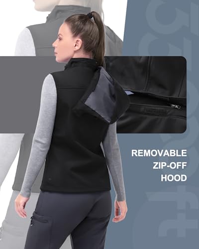 33,000ft Damen Softshell Westen mit Abnehmbare Kapuze Fleece Gefütterte Ärmellose Jacke Wasserdichte Winddichte Sportwesten Vest mit 5 Taschen für Reiten Laufen Wandern Schwarz M