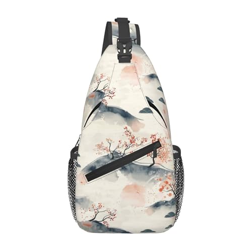 YELITAU Bolsa tiracolo leve e respirável com 6 bolsos, árvore asiática, arte de montanha, bolsa tiracolo para trilhas, acampamento, viagens, uso diário