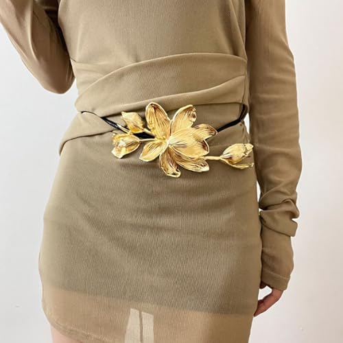 Golden Tulip Flower Belt with Skirt Jeans Decorated with Black Leather Rope Thin Waist Chain Women's Waist Chain Belt3