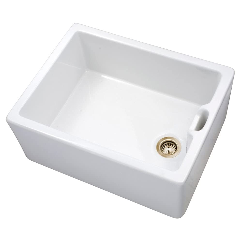 Astini White Belfast 100 1.0 Bowl Ceramic Kitchen Sink & Bronze Strainer Waste