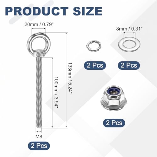 Image of PATIKIL M8 x 100mm Shoulder Eye Bolt, 2 Pcs 304 Stainless Steel Lifting Ring Threaded Eye Bolt with Flange Lock Nuts Spring and Flat Washers for Hanging Tie Down Straps Outdoor Indoor