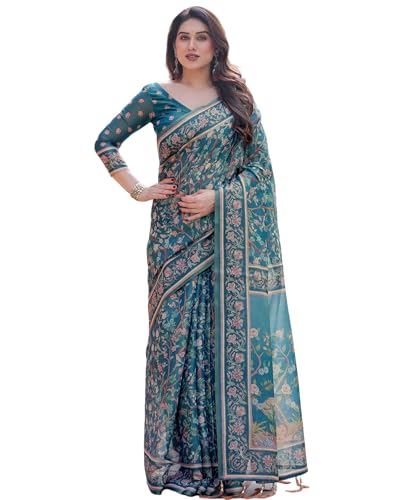 Image of SIRIL Women's Cotton Linen Printed Handloom Saree with Unstitched Blouse Piece