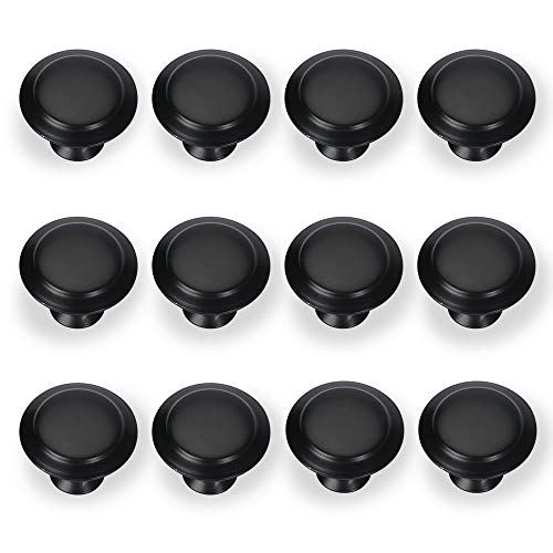 IEIK 12 Pack Flat Black Cabinet Knobs Hardware Round Knob with Mounting Screws, 1-Inch Diameter, Staniless Steel Drawer Knobs Dresser Pull Handles