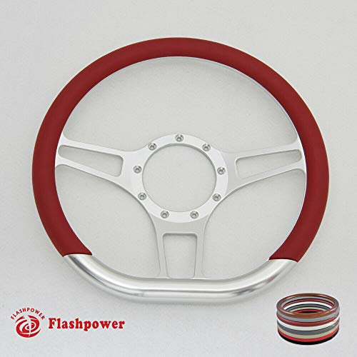 Flashpower 14'' Billet Half Wrap Steering Wheel with 9 Bolts 2'' Dish and Horn Button(Red)