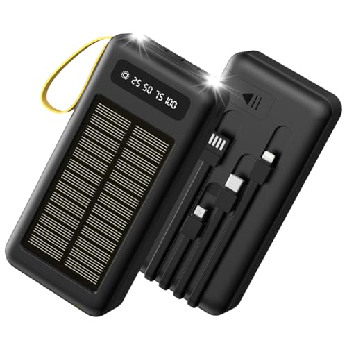 Power Bank 20000mah com Lanterna Carregador Portatil Solar com 4 Cabos Integrados 2 Entradas Externo Bateria Portatil com Display de Energia em LED para Camping de Viagens
