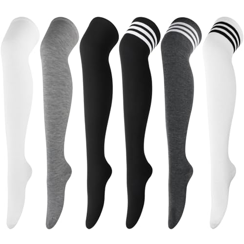 Image of AQOKKA Thigh High Socks for Women Striped Over Knee Thigh Socks Long Boot Thigh High Stockings Leg Warmers for Girls