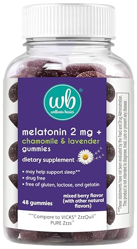 Wellness Basics Melatonin Gummy with Lavender & Chamomile | Natural Sleep Support | Berry Flavor | 2mg Per Serving | 48 Count