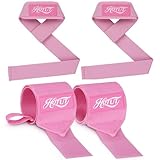 HOTUT Handgelenk Bandagen + Zughilfen Krafttraining Set(2 Paar),Profi Lifting Straps für Frauen und Männer,Zughilfen für Krafttraining,Bodybuilding,Gewichtheben,Gym,Kraftsport,Fitness-Rosa