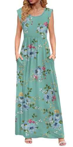 Image of DB MOON Womens 2026 Maxi Dresses Empire Waist Long Summer Dress Casual Cap Short Sleeve Sundress with Pockets