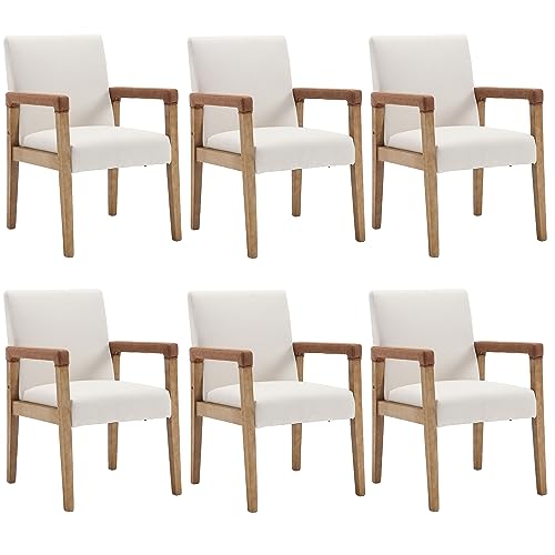 Mid Century Modern Dining Chairs Set of 6 Linen Fabric Upholstered Accent Chairs Comfy Kitchen Chairs with Solid Wood Frame Armchair for Living Room, Ivory