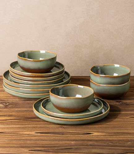 Image of TheTerra Ceramic Dinnerware Set for 4, 12-Piece Plates and Bowls Set