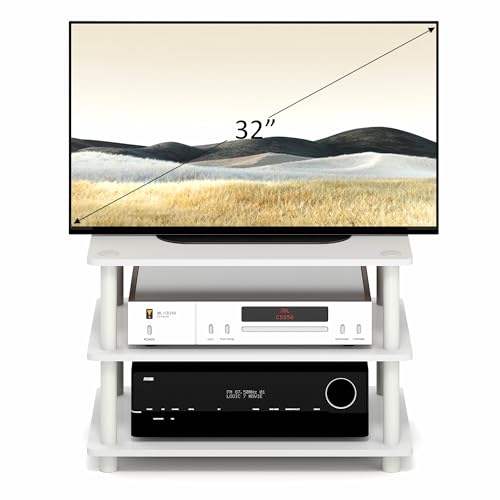 Image of Furinno Turn-N-Tube TV Stand, 3-Tier Corner Entertainment Center with Shelves, Toolless TV Console for TV up to 32 Inch, Open Back, Easy Assembly, for Living Room, Bedroom, White
