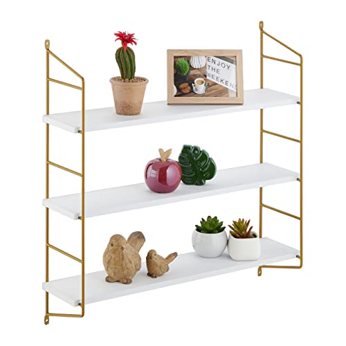 Relaxdays Wandregal mit 3 Ablagen Estantería Pared 3 Baldas, Hierro y MDF, 60 x 60 x 15 cm, Decorativa, Estantes Flotantes, Blanco y Dorado, Tablero de Fibras