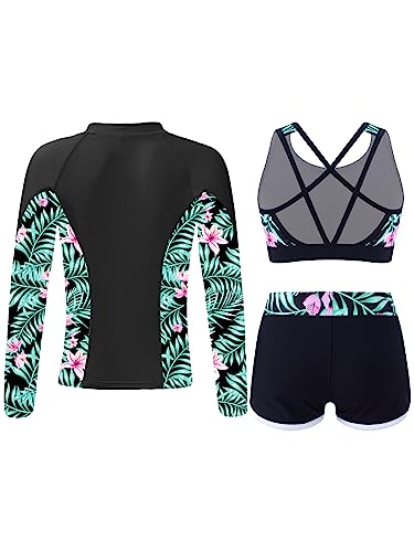 3PCS Kids Girls Swimwear Long Sleeve Rashguard with Crop Top and Shorts for Beach Pool Swimming2