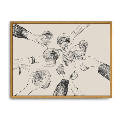 Roslynity Framed Canvas Wall Art Vintage Print Paintings Cheers Sign Friends Clinking Drinks Glasses Cocktails Retro Aesthetic Artwork for Home Living Room Bar Cart Kitchen Wall Decor (12"x16")