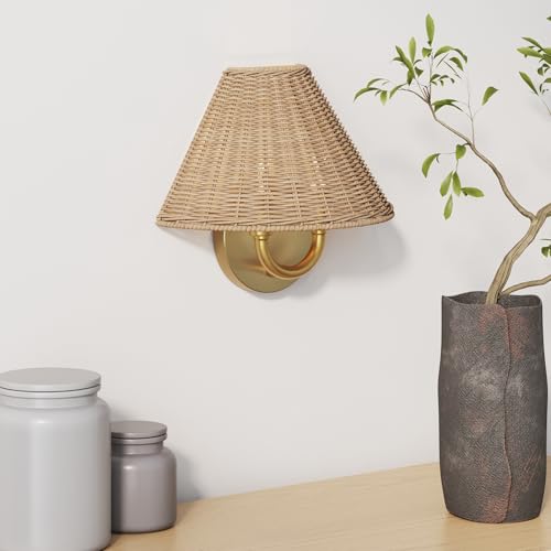 Nathan James Shoal Modern Rattan Wall Light Fixture with Rattan Shade and Vintaged Brass Metal Base for Bedroom or Living Room