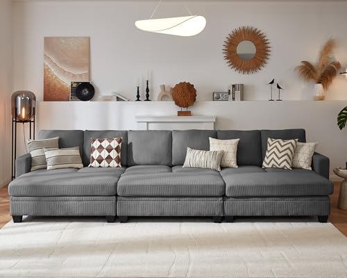Image of CHIC HOUSE Modular Sectional Couch| Corduroy L Shaped Sleeper Sofa, U-Shape Sofa Bed Convertible Chaise with Storage Ottoman for Living Room Modern Furniture (Dark Grey, 12 Seater Sleeper)