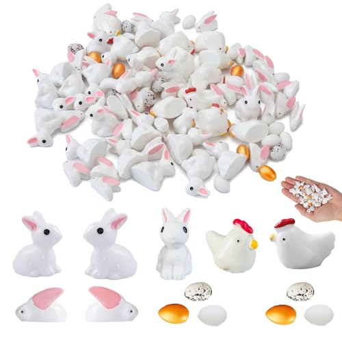 Meckerni 80Pcs Rabbits,Chickens and Eggs Miniature Figurines, Mini Resin Easter Bunny Rabbits Chickens and Easter Eggs for Garden Decor Miniature Ornaments for Dollhouse DIY Cake Home Decor