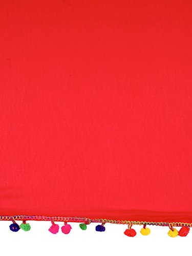 Dupatta Bazaar Woman's Red Chiffon Dupatta With Multicoloured Pompom #TOP5