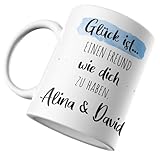 Personalisierte Kaffee-Tasse (Glück ist...) mit eigenen Wunschname. Für den besten Freund der Welt. Schönes Geschenk oder kleine Aufmerksamkeit (Bester Freund #2, Weiß/Blau)