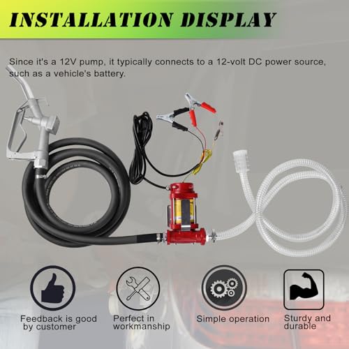 PRUNkuar 12V Fuel Transfer Pump w/Manual Nozzle & Hose, 10 GPM High Flow DC Diesel Transfer Pump, Heavy Duty Fuel Oil Transfer Pump with Hoses for Gasoline, Diesel, Kerosene & More - Thumbnail 3