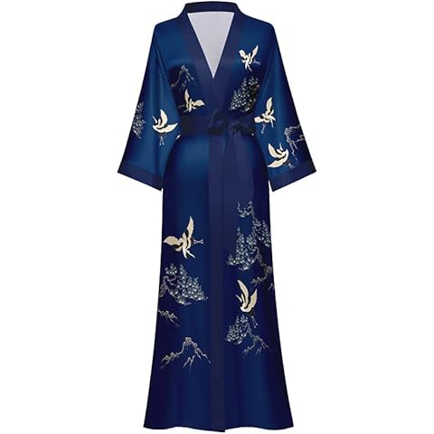 EORUBE Long Kimono Robe Women Cover Up Print Floral Satin Sleepwear Silky Bathrobe Bachelorette Robe (Navy - Crane and Pine) Cover