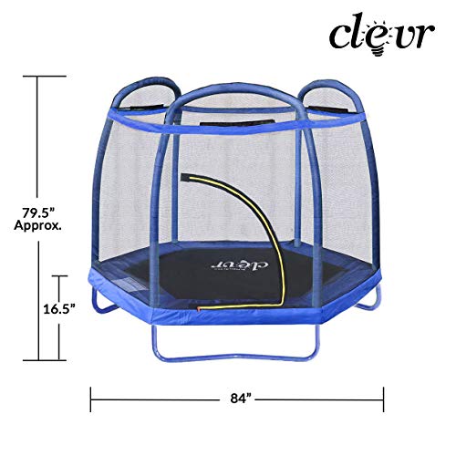 Clevr 7ft Kids Trampoline with Safety Enclosure Net & Spring Pad, Mini Indoor/Outdoor Round Bounce Jumper 84", Built-in Zipper Heavy Duty Steel Frame, Blue | Great Gift for Kids