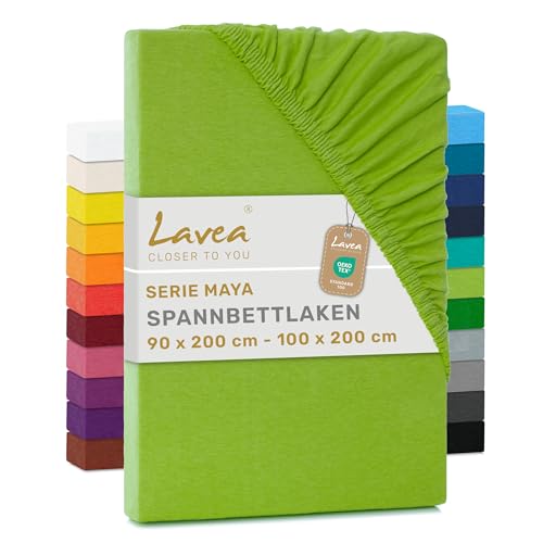 npluseins klassisches Jersey Spannbetttuch - erhältlich in 34 modernen Farben und 6 verschiedenen Größen - 100% Baumwolle, 90-100 x 200 cm, apfelgrün 2 Jersey Spannbettlaken, Spannbetttuch, Lavea Serie Maya, 90x200cm | 100x200cm, Apfelgrün, 100% Baumwolle, hochwertige Verarbeitung, mit Gummizug