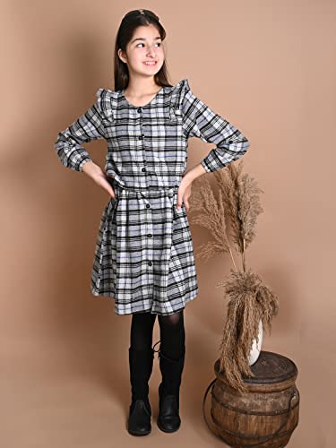 Image of LILPICKS Girls Checkered Print Button Down Long Sleeve Fit n Flare Dress (Grey Black)