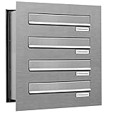 AL Briefkastensysteme 4er Briefkasten Mauerdurchwurf in V2A Edelstahl, 4 Fach DIN A4, wetterfeste Premium Briefkastenanlage Postkasten