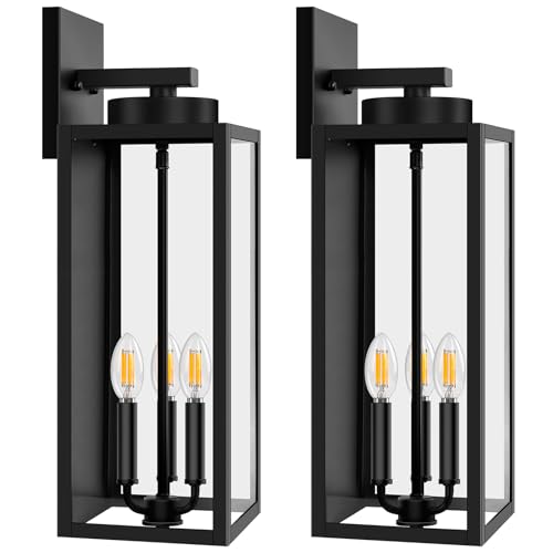 Image of BesLowe 20'' Large Outdoor Wall Lights, Modern Black Exterior Wall Lanterns | Waterproof Metal Construction, Rust-resistant, Quick & Easy Installation, Clear Glass Shades & E12 Socket