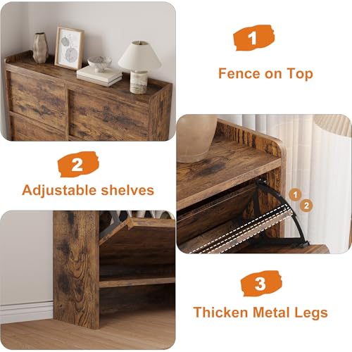 GarveeHome Shoe Cabinet with 4 Flip Drawers, Wooden Shoe Organizer Cabinet with Adjustable Shelf, Shoe Storage for Entryway, Hidden Shoe Cabinet for Hallway, Living Room, Rustic Brown