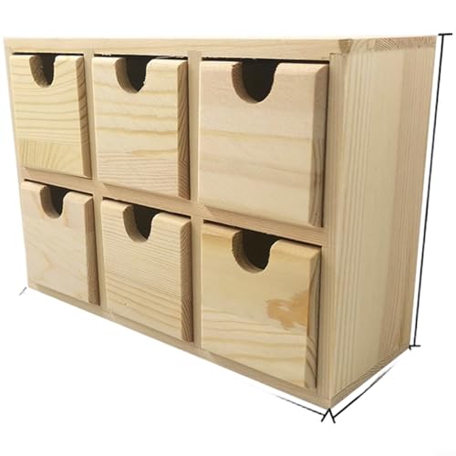 HomeVortex Pequeña caja de almacenamiento de madera con 6 cajones y tapa deslizante, organizador de escritorio para oficina en casa, compartimento de madera maciza con acabado natural para suministros