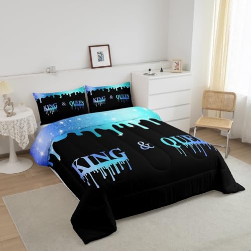 Image of Feelyou Mr Mrs Comforter Queen Size Blue King Queen for Man Woman, Comforter Set Valentine Day Bedding Set Presents Duvet Set Women Couple Bed Set 3Pcs