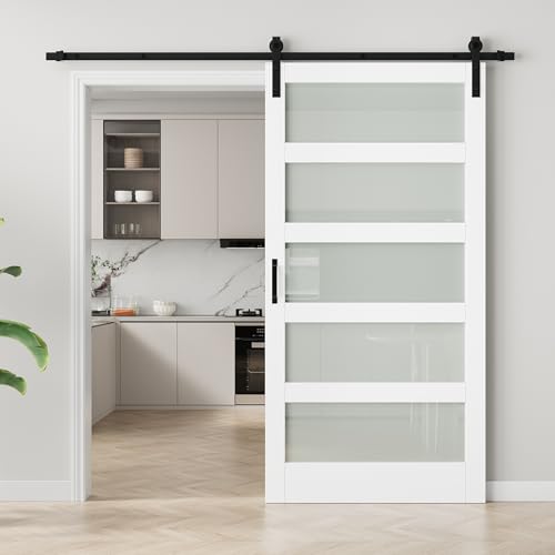 Image of 42 inchx84 inch Frosted Glass Barn Door with 7FT Sliding Hardware & Handle, White | Pre-Drill Holes Barn door for Easy Assembly, Solid Wood Sliding Barn Door with Excellent Privacy Protection & Sound Reduction