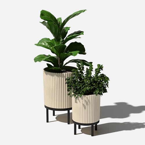 Image of Veradek Demi Series Raised Duo Planters - Set of 2 Planters with Stands | Made From a Durable Plastic-Stone Composite & Comes With Wooden Stand. Modern Porch /Patio Decor