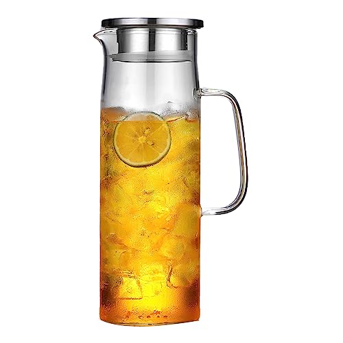 Vilom 麦茶ポット ガラスピッチャー 耐熱冷水筒 透明大容量 ティーポット 急須 ウォータージャグ 冷蔵庫対応 水出しポット お茶ポット ステンレス蓋付き 洗いやすい おしゃれ 食器 家庭用/業務用 キッチン便利 (1.5L)