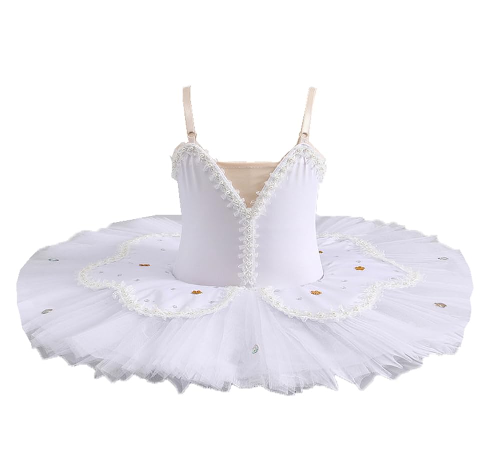 Mädchen-Trägerkleid mit Rock Ballett-Trikot Weiße bestickte Spitze Professionelles Pancake-Tutu Ballerina-Tanzkostüm