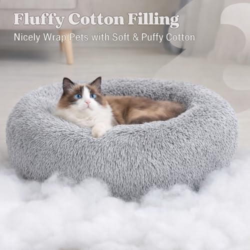 Image of ZEXSAZONE Summer Grey Plush Dog Bed - Anti-Anxiety Round Donut Pet Bed with Raised Edges | Soft Faux Fur Calming Bed for Puppies, Cats & Small Dogs | Machine Washable
