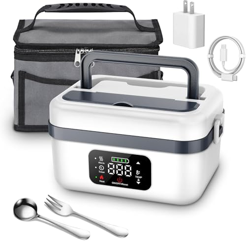 Cuenco de comida caliente con batería, fiambrera para adultos, 1,3 L, con vajilla de acero inoxidable y bolsa aislante, recargable, eléctrica, con temporizador y función (B)