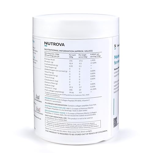 Image of NUTROVA Marine Collagen Peptides | Collagen Supplements for Men & Women | Healthy Skin, Hair, Nails & Bones | Anti-Aging | Unflavoured Easy-Mix Powder | Neutral Smell and Taste | 200 g