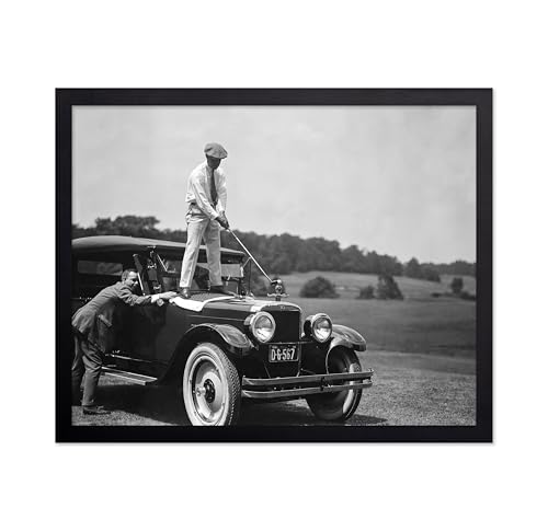 Poster Master Vintage Photograph Poster - Retro Funny Print - Gift for Artist, Friend - Golfer on Top of Antique Car, Athlete, Man, Sport - Wall Decor for Home, Office, 16x20 Black Framed