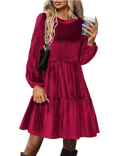 Zeagoo Kleid Damen Winter Laternenärmel A Linie Kleider Einfarbig Rundhals Weihnachten Langarmkleider Festliche Knielang Herbstkleid Weinrot S