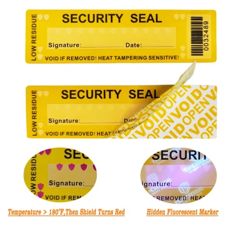 TSPC SECSEAL 100pcs 25x90mm Heat Tampering Fluorescent Mark Low Residue Tamper Evident Anti Counterfeit Tamper Proof Stickers Labels Seals (1 x 3.54 Inches, Matte Yellow, Barcode)